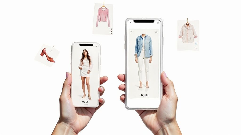 Hands hold smartphones displaying fashion models in outfits, with clothing illustrations around, suggesting virtual try-on.