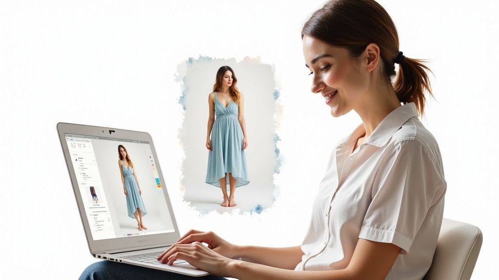 A smiling woman uses a laptop, viewing a light blue dress for online shopping.
