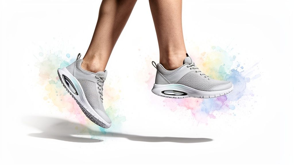 Two legs wearing comfortable grey sneakers with air cushions walking over colorful watercolor splashes.