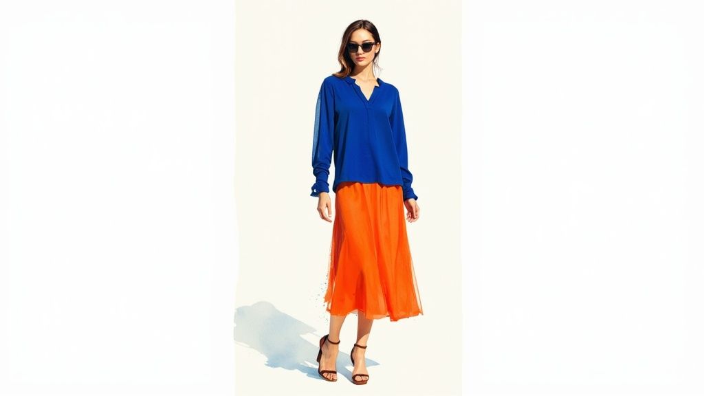 A stylish woman in a vibrant blue long-sleeve top and an orange midi skirt, with black heels.
