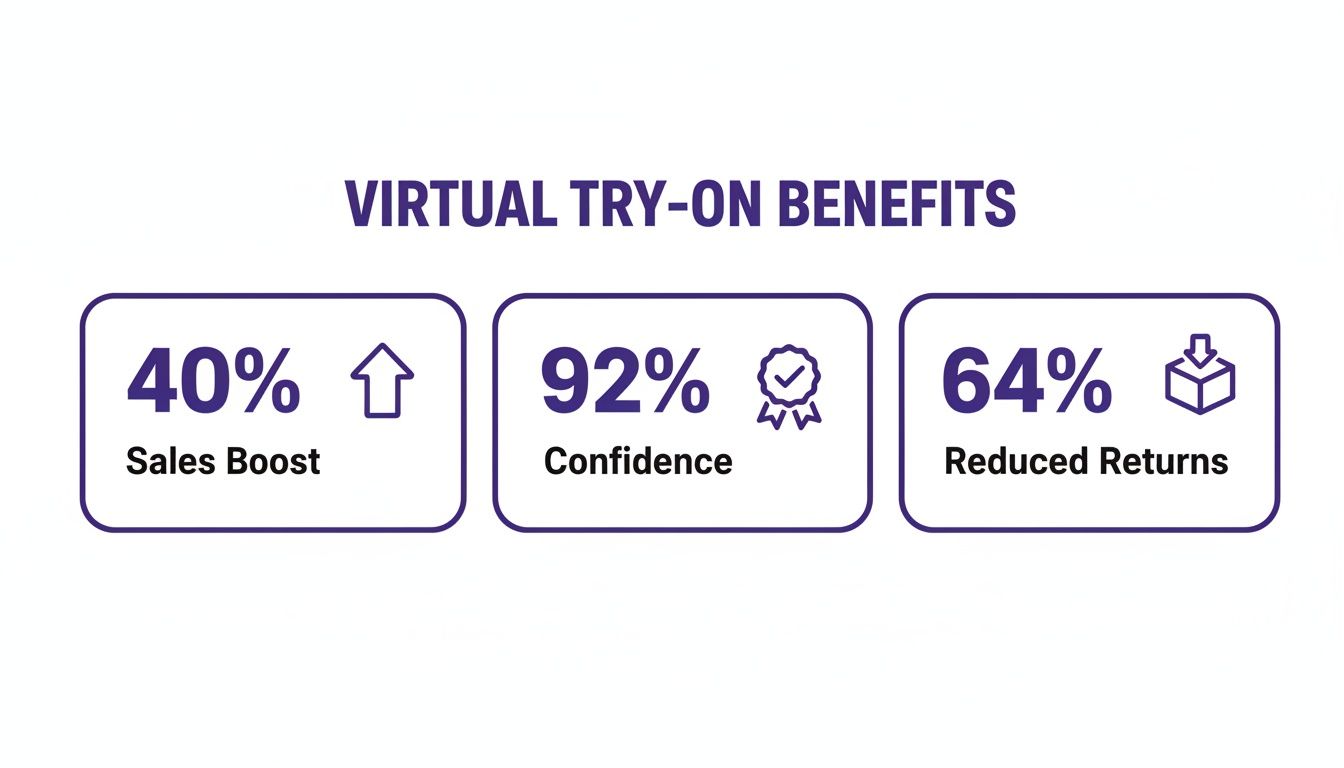 Infographic showing virtual try-on benefits: 40% sales boost, 92% confidence, and 64% reduced returns.