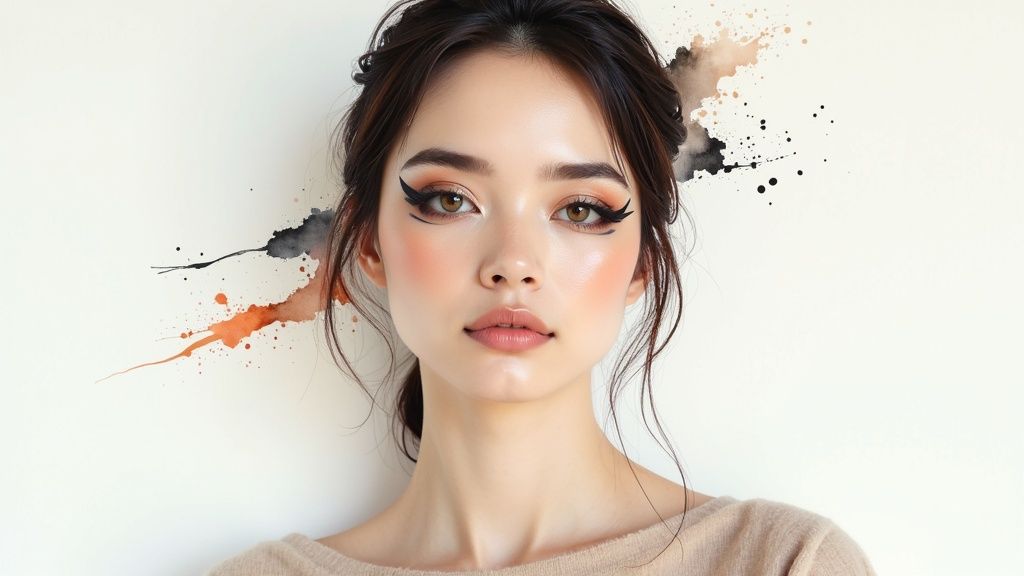 Close-up of a woman with bold winged eyeliner, flushed cheeks, and abstract paint splashes.