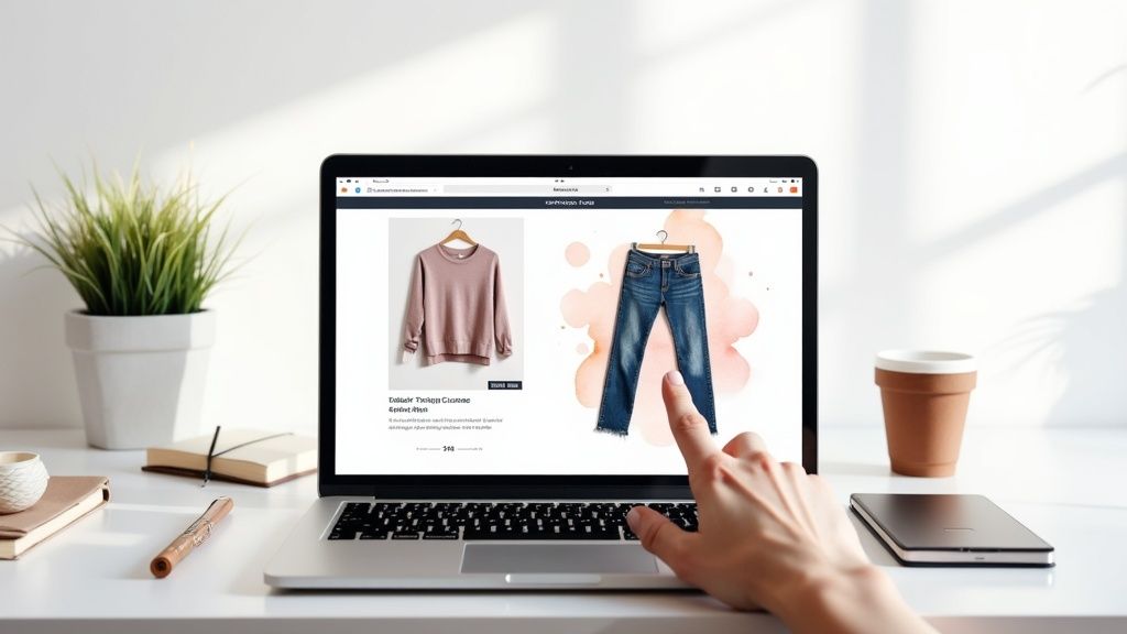 Person browsing an online clothing store on a laptop, shopping for a pink sweater and blue jeans.