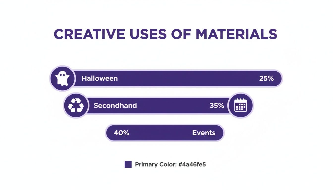 Bar chart illustrating creative material uses: Halloween 25%, Secondhand 35%, and Events 40%.
