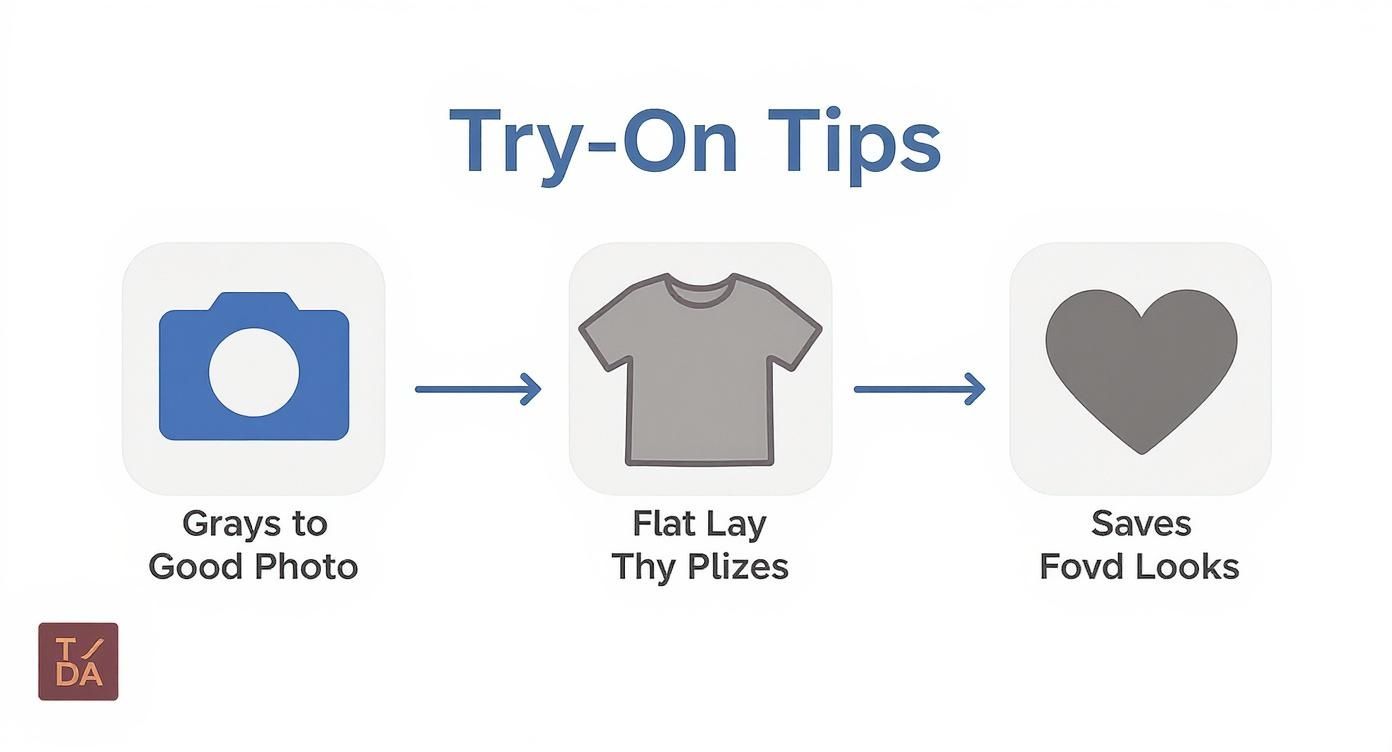 A visual guide illustrating try-on tips: take a good photo, flat lay clothes, and save favorite looks.
