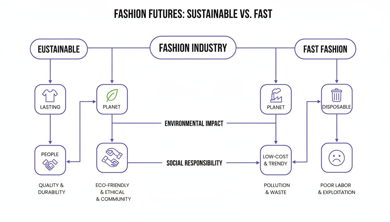 Flowchart comparing sustainable and fast fashion, detailing their environmental and social impacts.