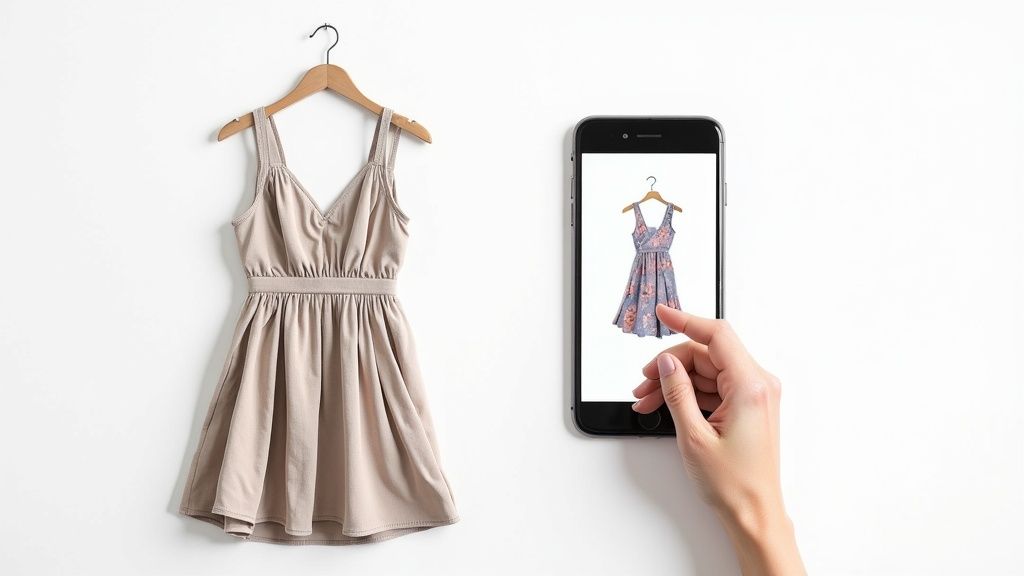 A beige dress on a hanger next to a hand using a smartphone to view a floral dress.