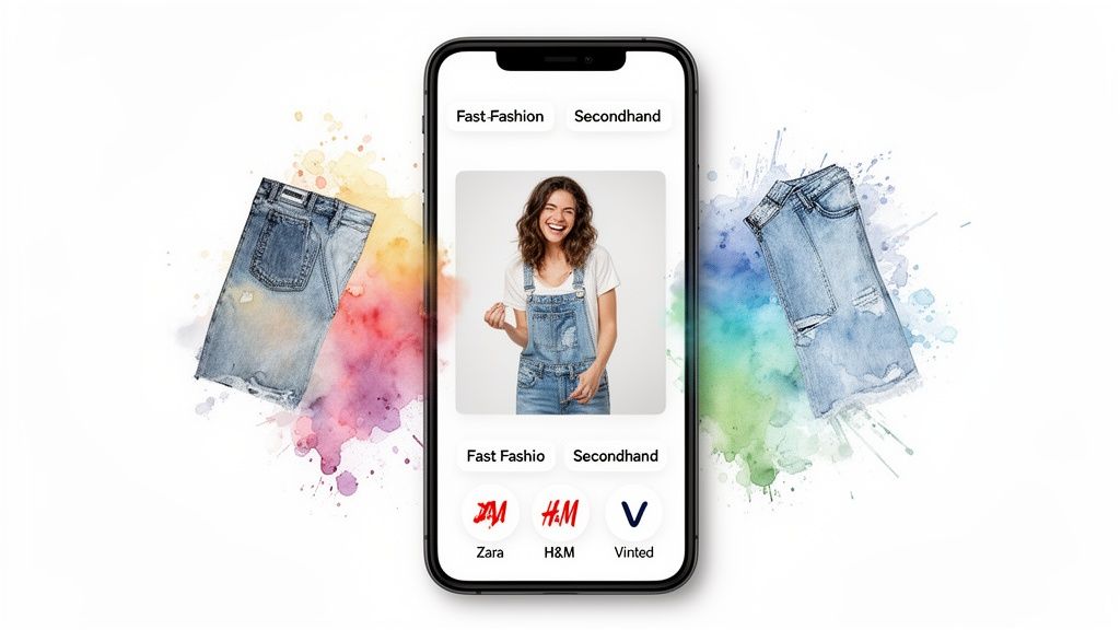 A smartphone displaying a fashion app with 'Fast Fashion' and 'Secondhand' options, featuring Zara, H&M, and Vinted.