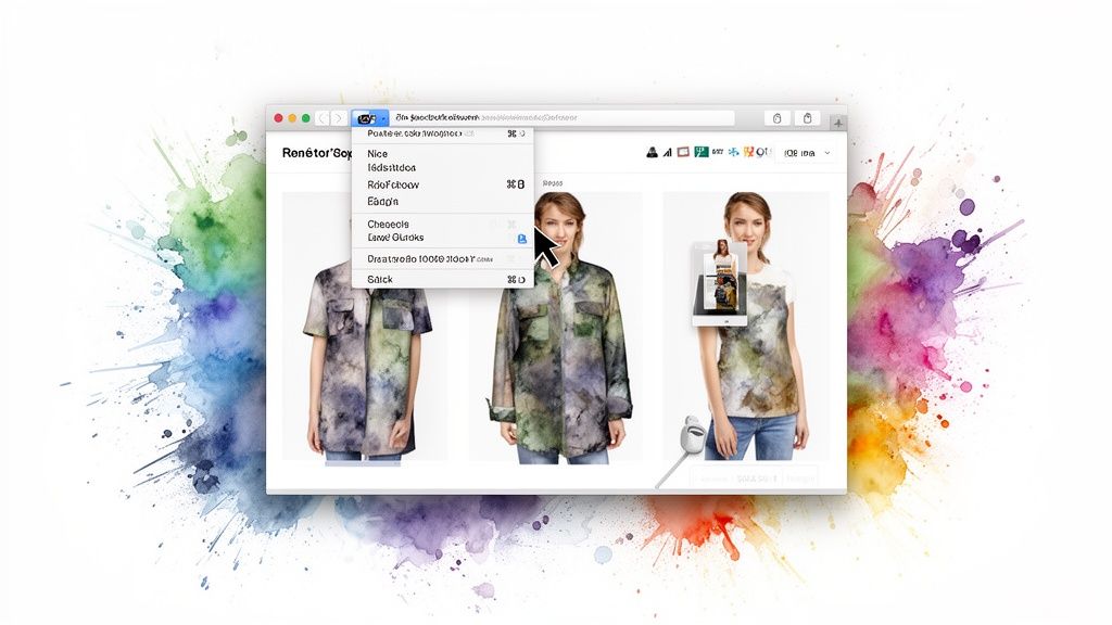 Computer screen displays a clothing app with watercolor-patterned shirts and a dropdown menu.
