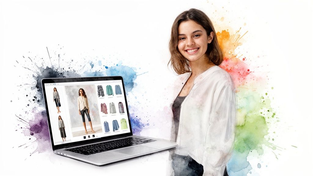 A smiling young woman next to a laptop displaying a clothing app with watercolor splashes.