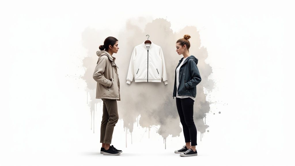 AI try-on example of a woman wearing a white t-shirt and jeans