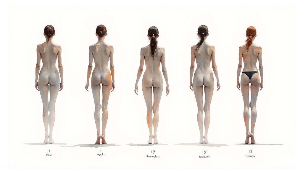 Comparison chart showing five different female body shape types from rear view for fashion reference