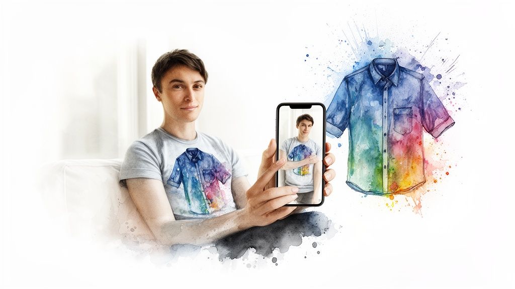 Man holds phone displaying his reflection, both wearing a vibrant watercolor shirt design, suggesting a styling app.
