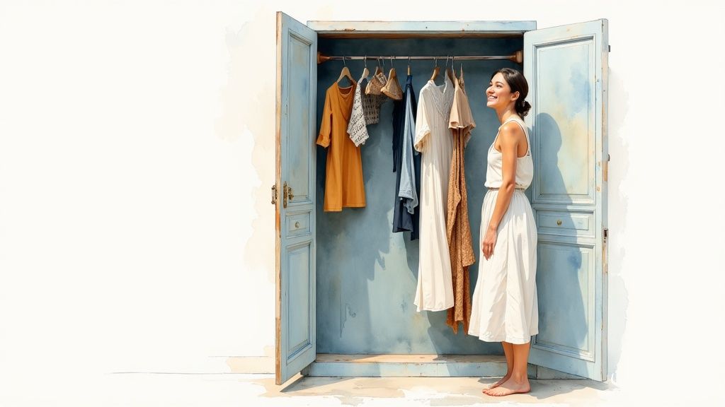 Smiling woman in white dress stands by open blue wardrobe with clothes, watercolor style.