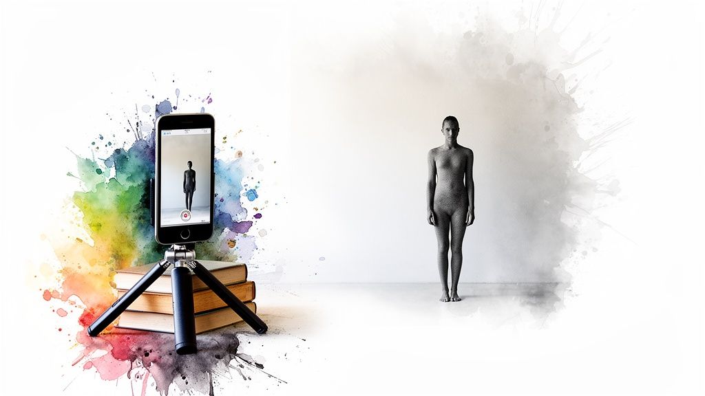 A smartphone on a tripod records a full-body figure, surrounded by vibrant watercolor splashes.