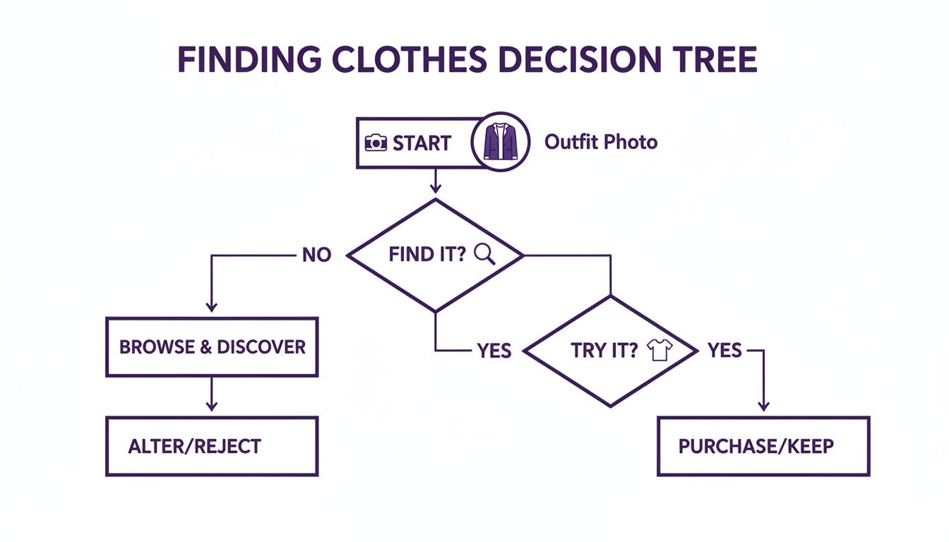 Flowchart illustrating a decision tree for finding clothes, starting from an outfit photo.