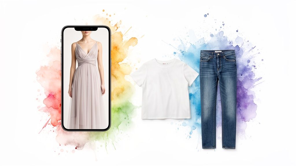 A smartphone displays a long, light beige dress, alongside a white t-shirt and blue jeans.