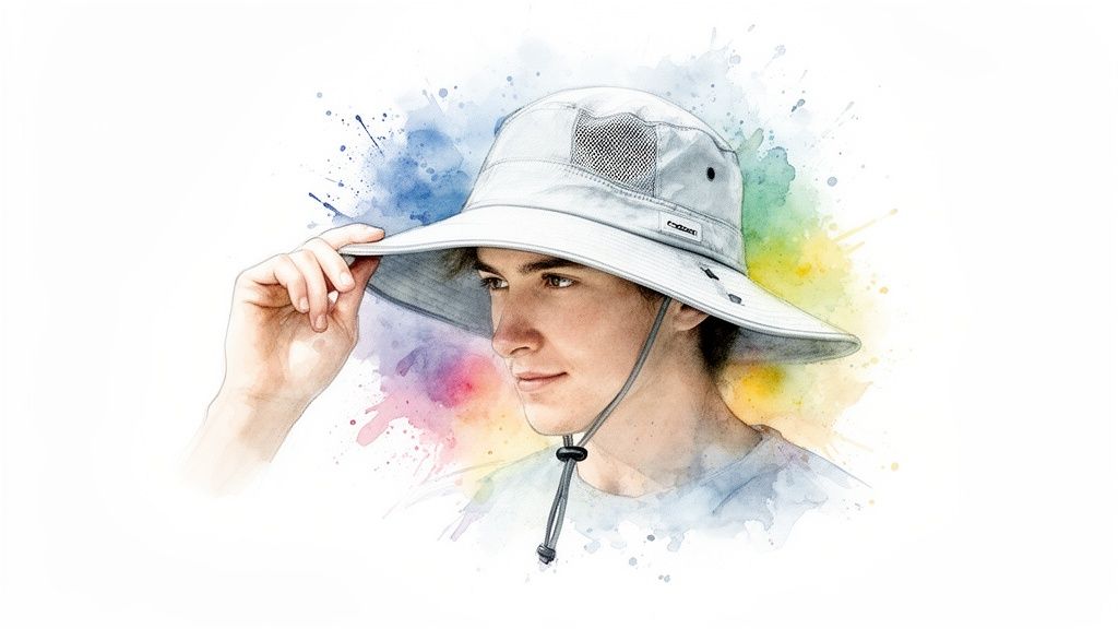 Watercolor illustration of a young man wearing a grey sun hat, with a vibrant splash art background.