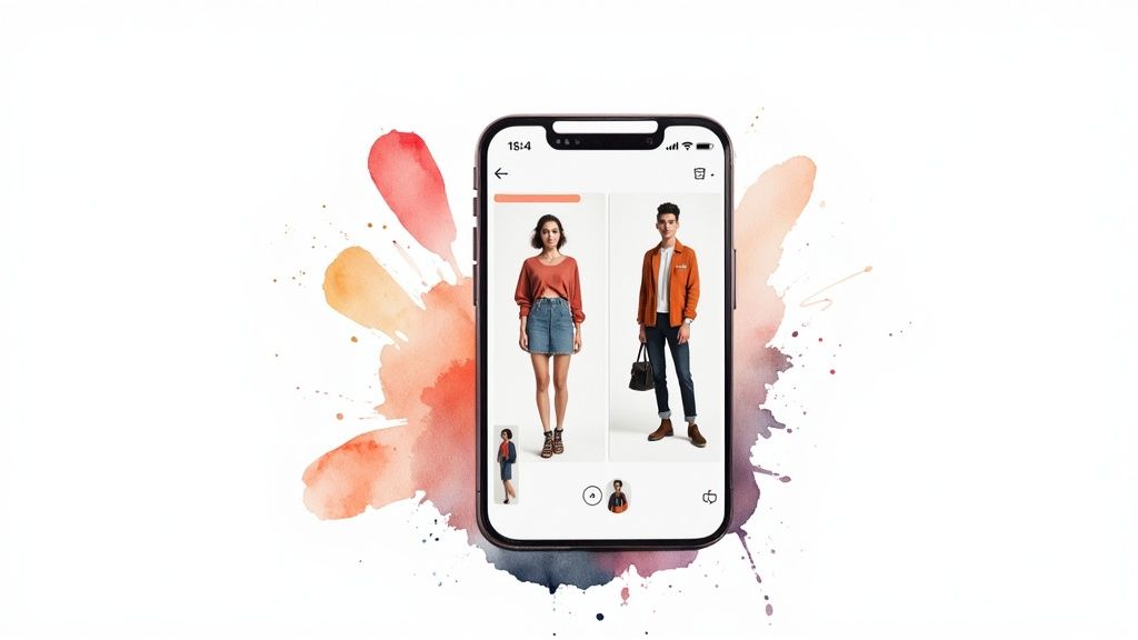 Smartphone displaying a fashion styling app with models in different outfits against a watercolor background.