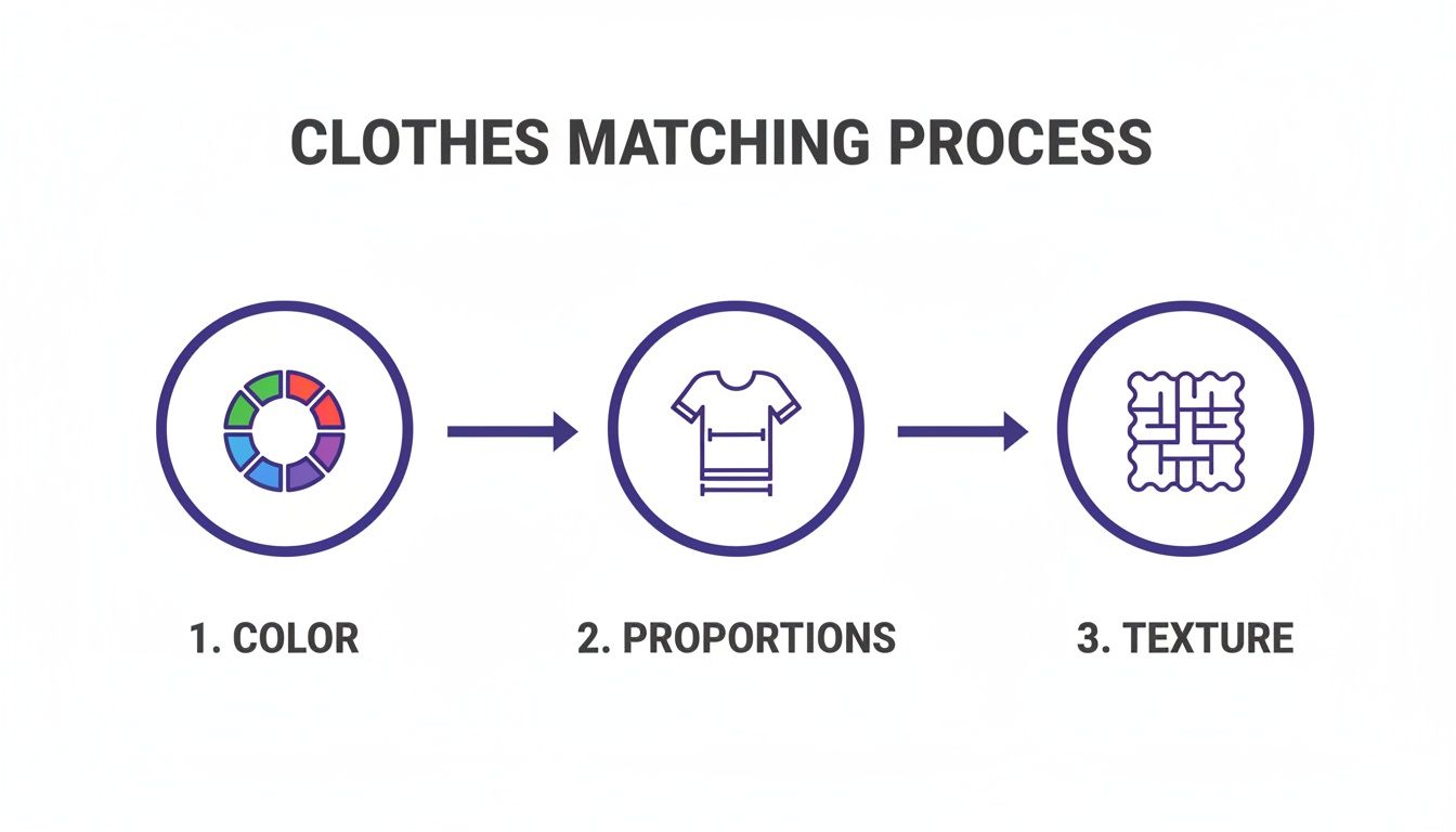 Infographic showing the three-step clothes matching process: color, proportions, and texture.