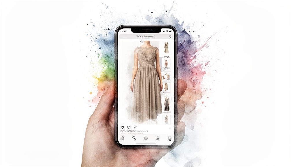 A hand holding a smartphone displaying a long beige dress on a fashion app with a colorful watercolor background.