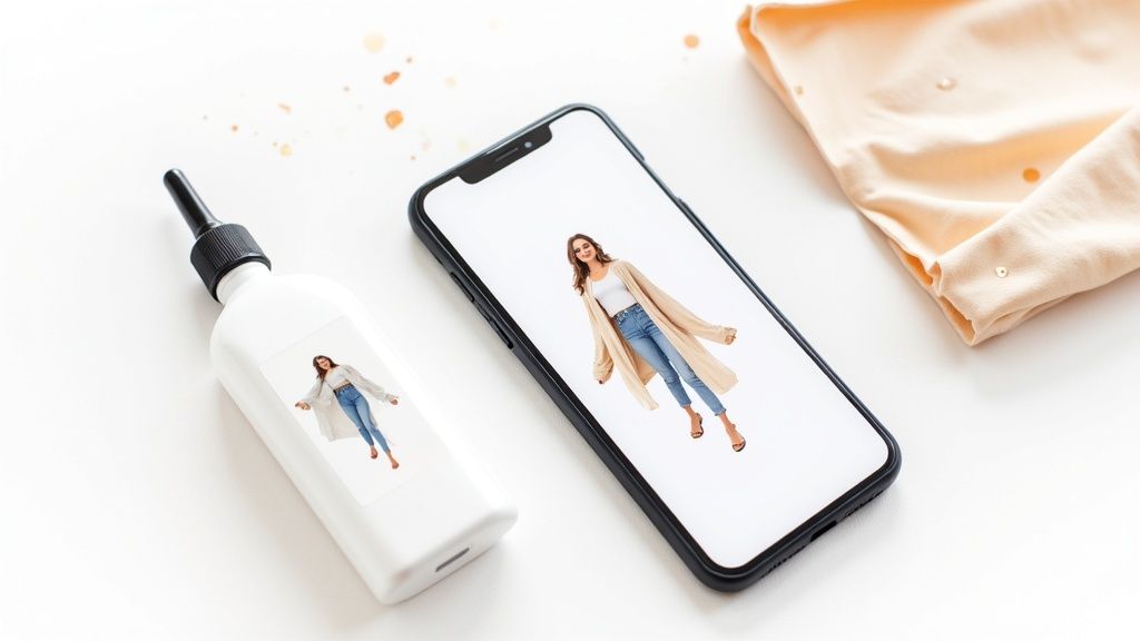 A smartphone and a bottle both display a woman in a cardigan and jeans, highlighting virtual try-on.