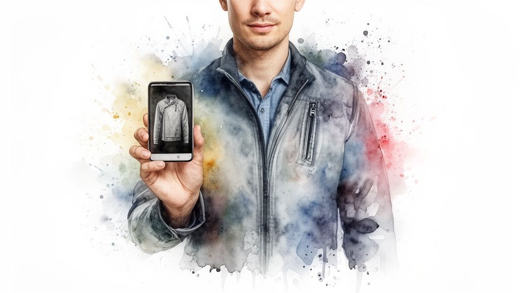 A man in a watercolor jacket holding a smartphone displaying a clothing item, symbolizing digital fashion.