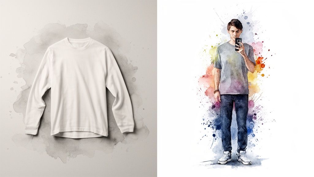 A white long-sleeve shirt on a gray watercolor background, beside a watercolor illustration of a man taking a selfie.