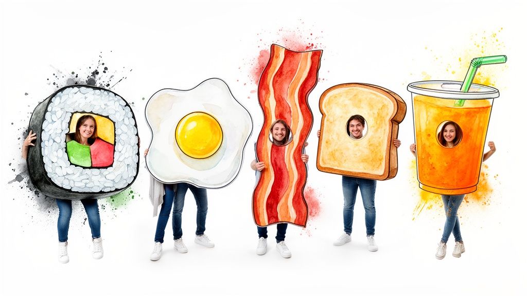 Five cheerful people in funny food costumes including sushi, fried egg, bacon, toast, and orange juice.