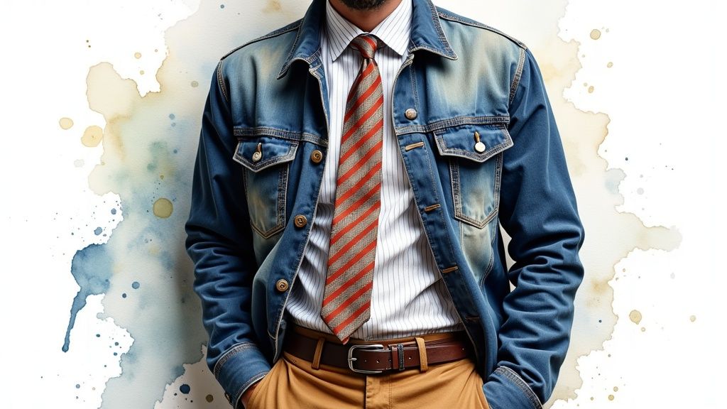 Close-up of a man's stylish outfit featuring a denim jacket, striped shirt, and red tie.