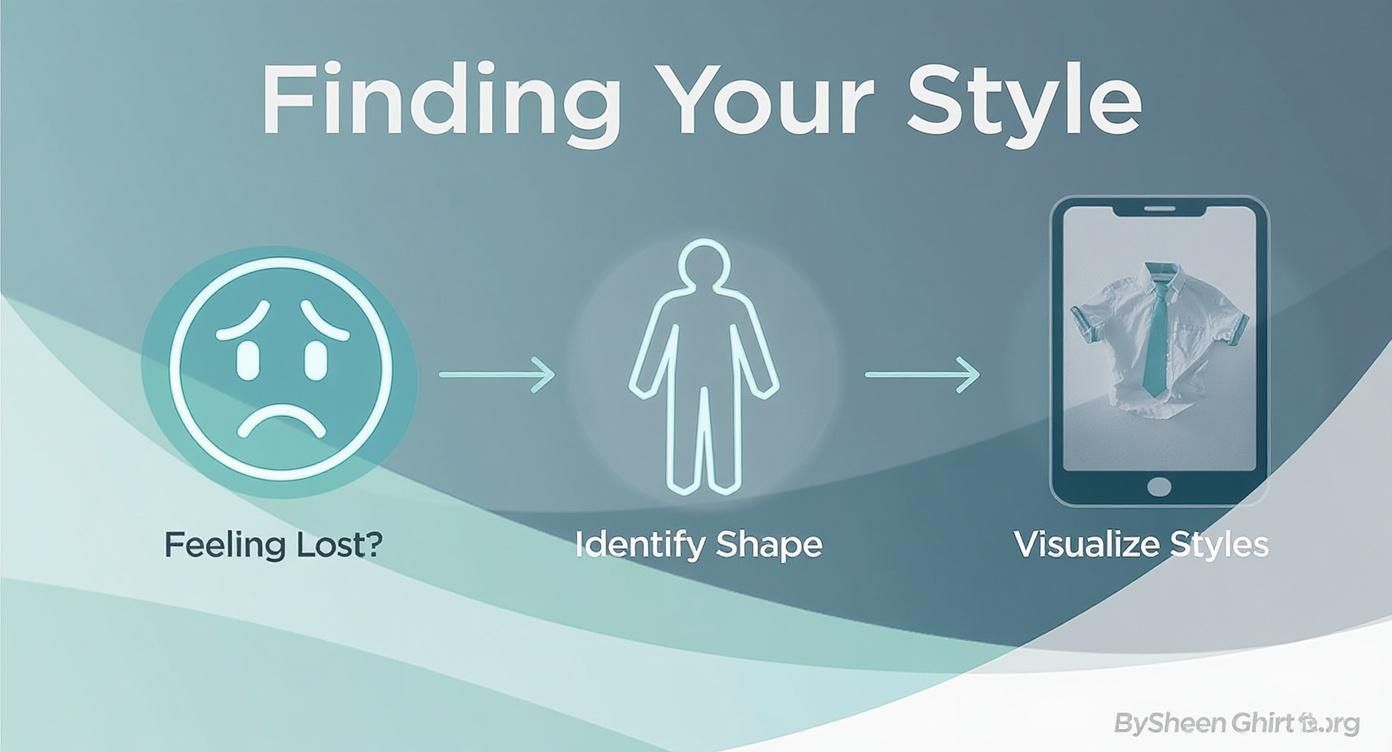 A diagram illustrating three steps to finding your style: feeling lost, identifying shape, and visualizing clothes.