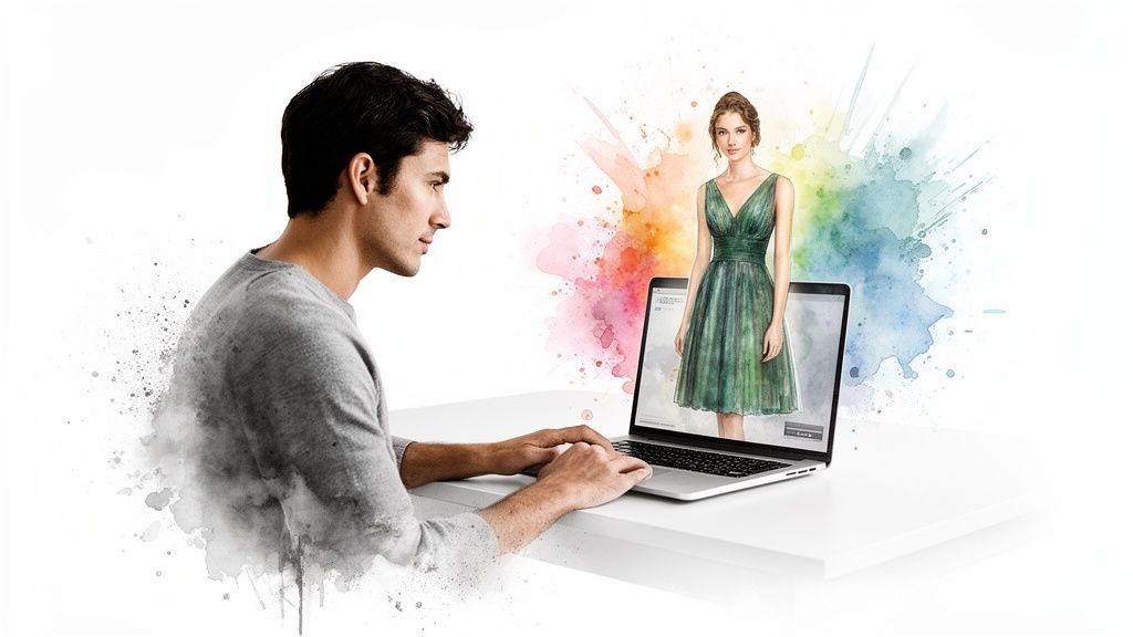 Man on laptop creating virtual fashion design, with a woman in a green dress emerging from screen.