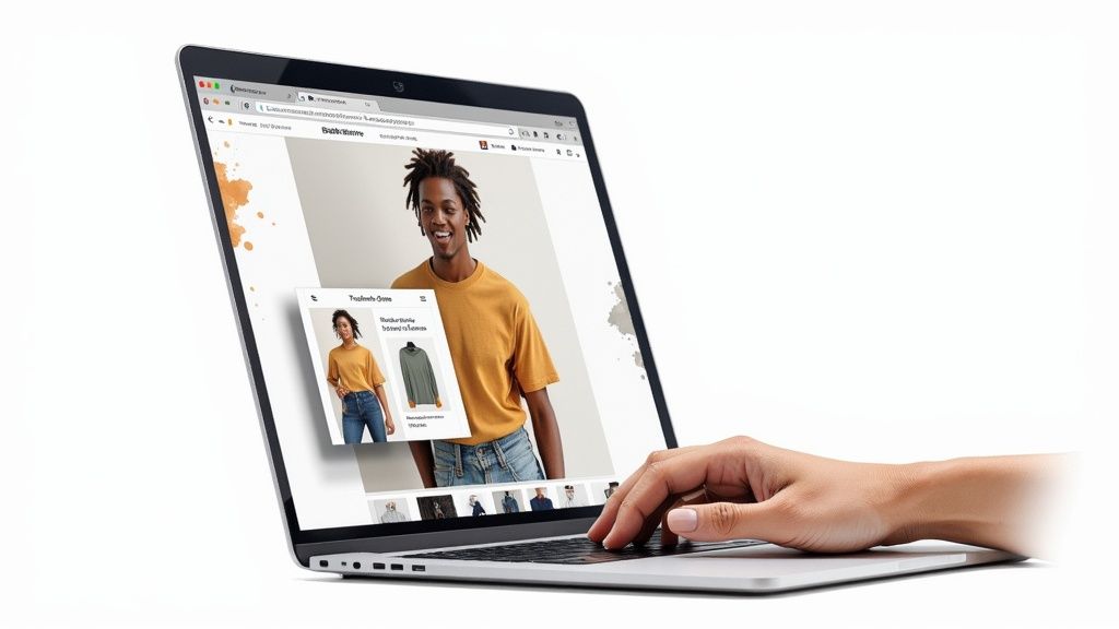 A hand uses a laptop displaying an e-commerce site with a virtual changing room pop-up, showing clothing items.