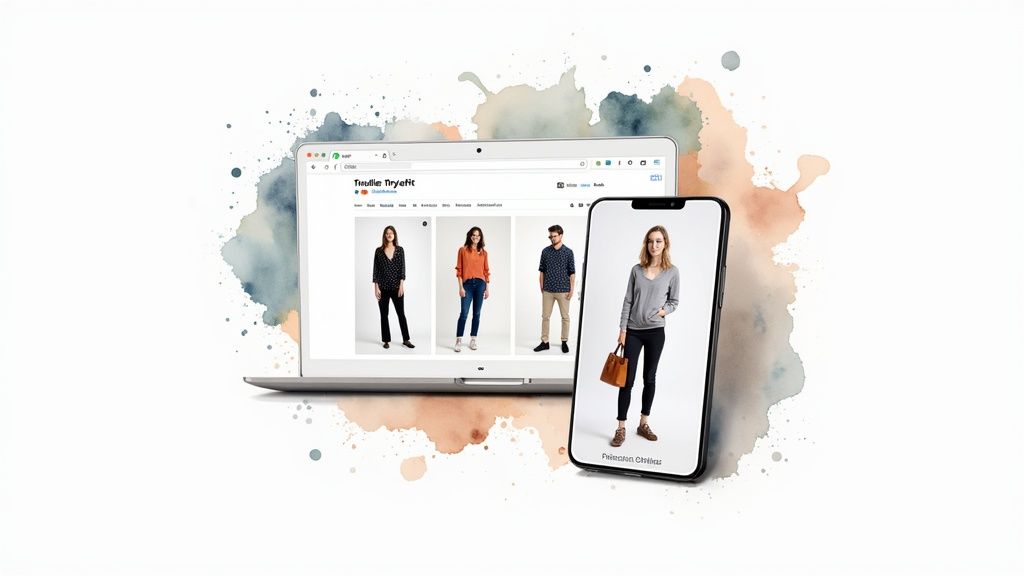 Laptop and smartphone showcasing a virtual fitting room application with models trying on clothes.