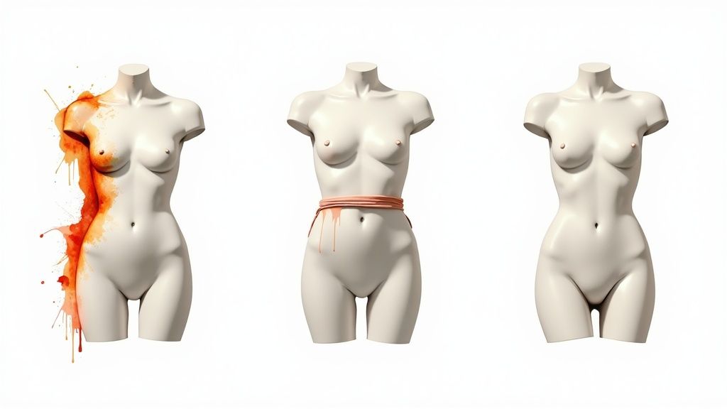 Three white female torso mannequins displaying different body proportions with artistic paint accent