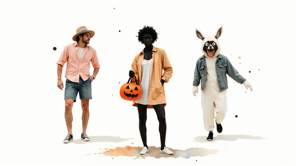 Three people in diverse outfits, one holding a jack-o'-lantern, on a white background with paint splatters.