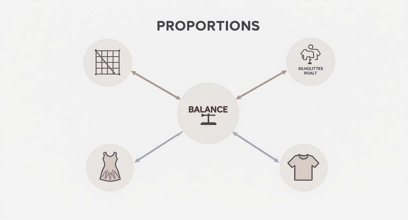 Infographic on fashion proportions, with balance as central, linking to silhouettes, dress, t-shirt, and grid.