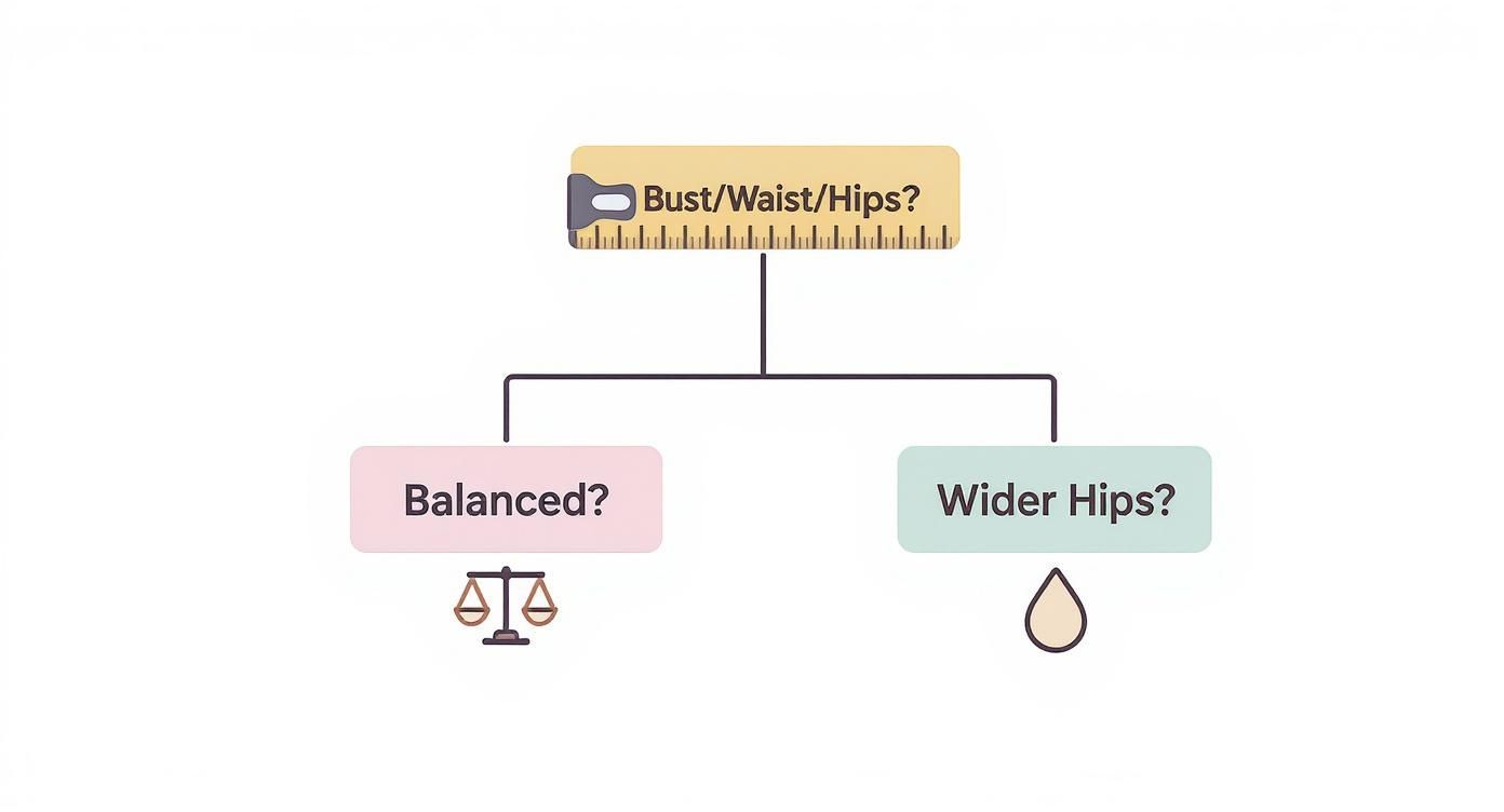 A simple flowchart illustrating body type assessment using bust, waist, and hip measurements to determine if balanced or wider hips.
