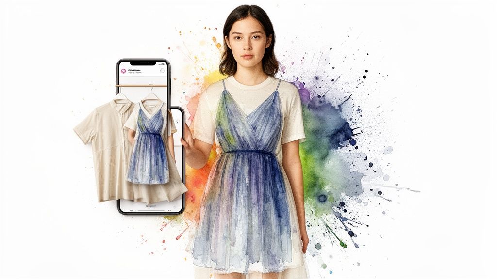 A woman in a watercolor dress stands next to a smartphone displaying virtual clothing options.