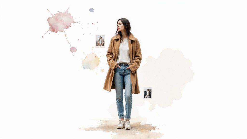 A woman in a stylish camel coat, white shirt, and blue jeans stands against a white background.