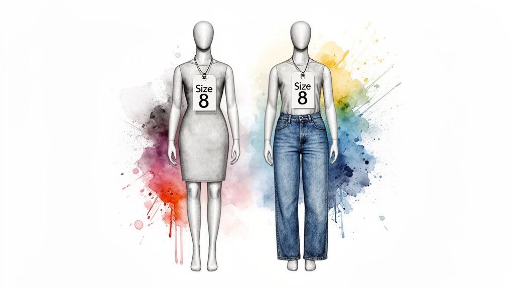 Two mannequins, both labeled Size 8, display different body shapes wearing a dress and jeans.