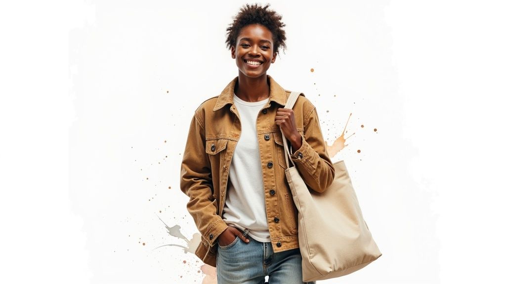 A smiling Black woman in a brown jacket and jeans, holding a beige canvas tote bag.