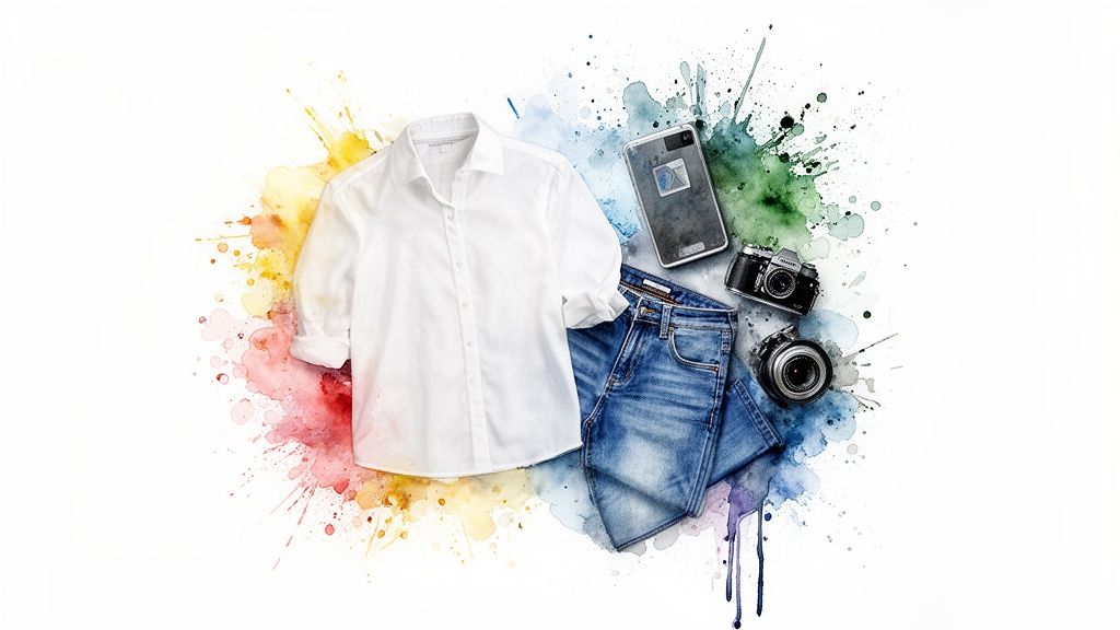 Flat lay of a white shirt, blue jeans, a smartphone, and two cameras on a colorful watercolor splash background.