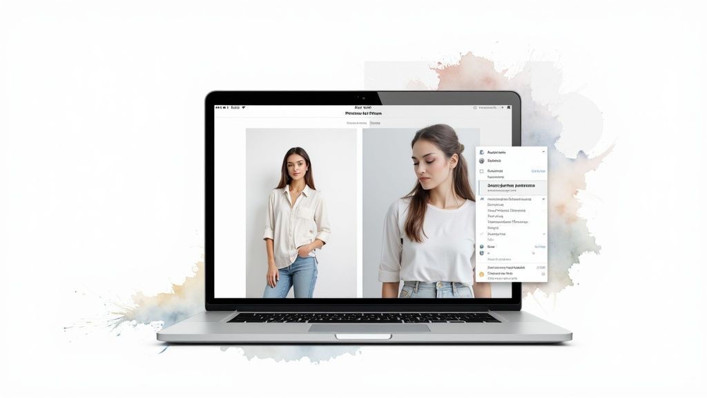Laptop displaying a fashion app with two models and an overlaid menu for personal styling.