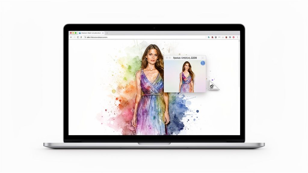 A silver laptop displays a browser with a vibrant watercolor image of a woman in a colorful dress.