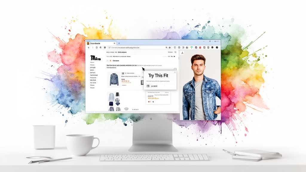 A desktop computer displays a virtual try-on feature for a denim jacket worn by a male model.