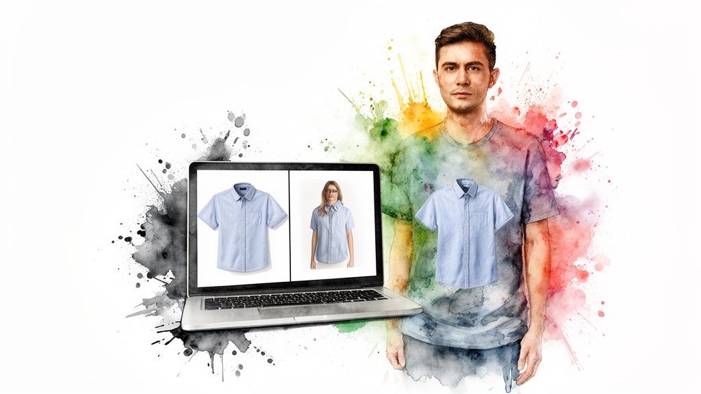 Man and laptop demonstrating virtual clothing try-on, displaying a blue shirt for different models.