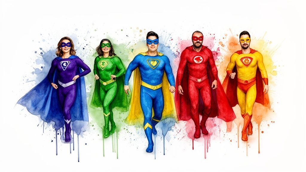 Five colorful watercolor superheroes, each with a unique symbol, walking confidently.