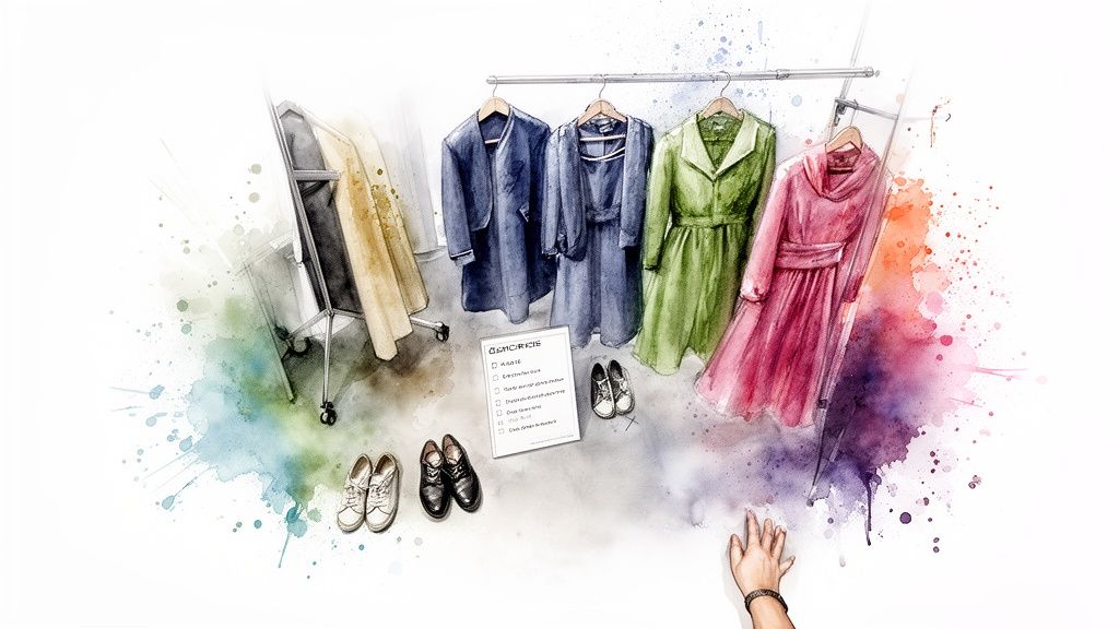 Vibrant watercolor illustration showing dresses on a clothing rack, shoes, a checklist, and a reaching hand.