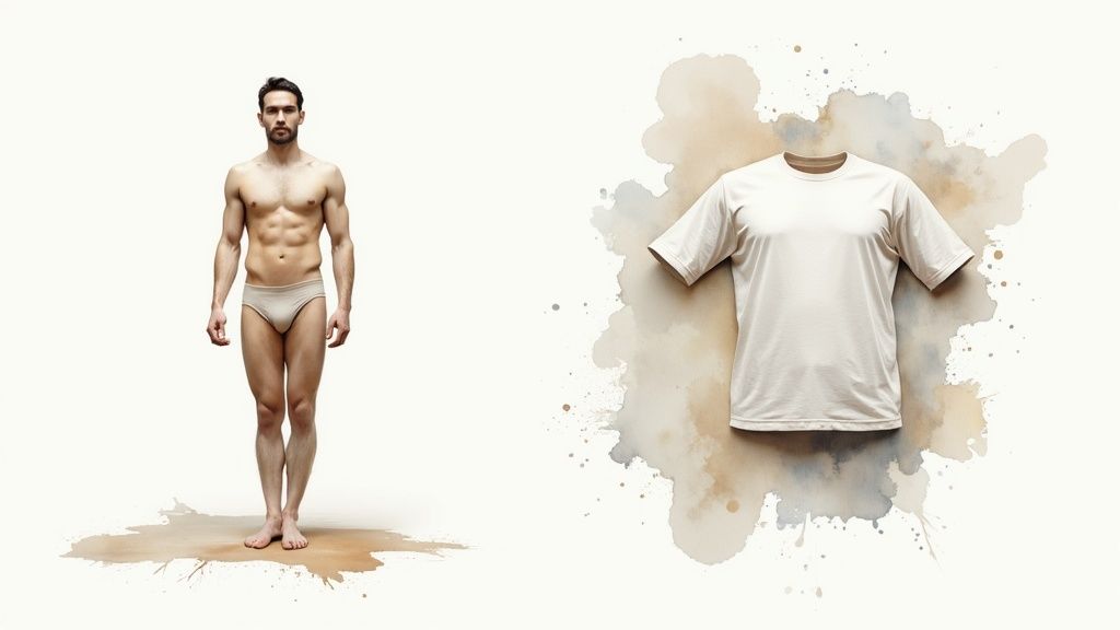 Athletic man in underwear next to white t-shirt on watercolor background for virtual clothing